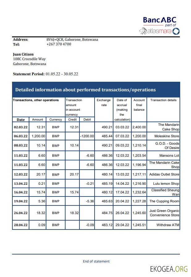 Relevé bancaire ABC de la Botswana Bank